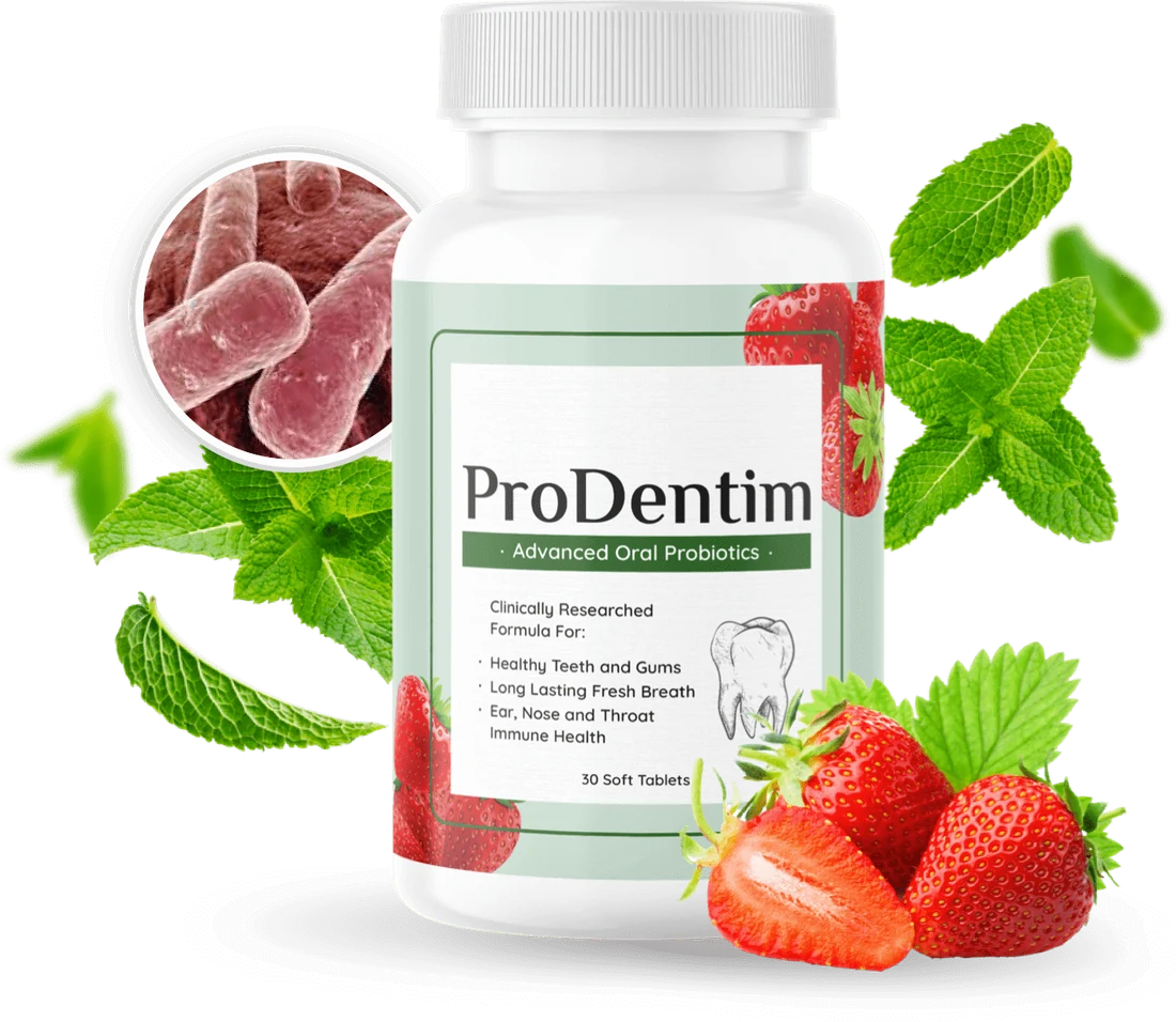 ProDentim oral probiotic bottle with fresh strawberries and mint leaves